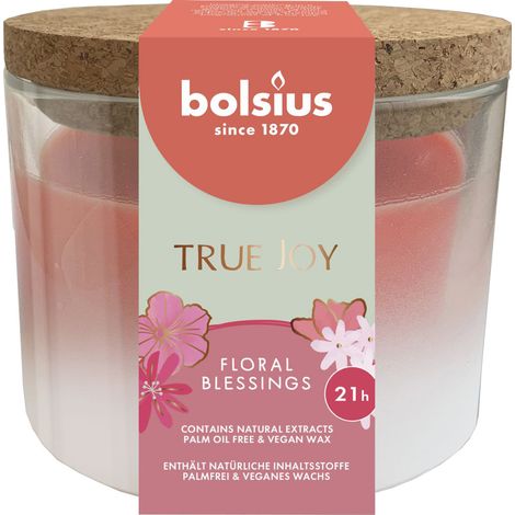 Bolsius Duftkerze mit Korkdeckel True Joy rosa Floral Blessings Duftkerzen