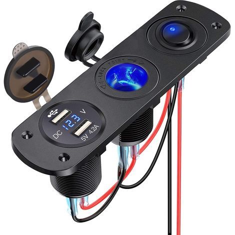 Dual USB car charger socket panel with 12V cigarette lighter socket splitter, LED voltmeter and independent switch (1/5)