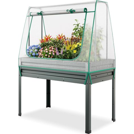 GOPLUS Jardinieres Exterieur Surélevé avec Mini Serre et Treillis, Carre Potager avec Fenêtre Enroulable, Trous de Drainage, Kit de Jardinière en Métal Galvanisé, pour Légumes, Fleurs, Herbes (1/5)