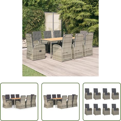 Gartenessgruppe - 9-tlg. Garten-Essgruppe mit Kissen Grau Poly Rattan (1/5)