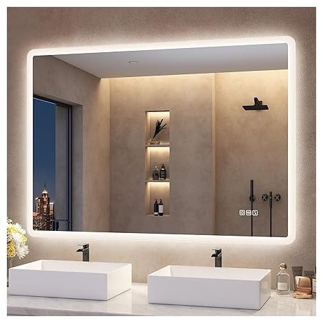 Espejo de baño LED antivaho, 3 colores de luz ajustables, regulable, con función de memoria, IP44 resistente al agua, de vidrio templado, montaje en pared horizontal o vertical, 100 x 70 cm, S'bagno (1/3)