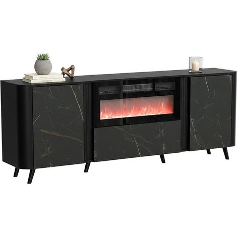 Credenza Briano, Madia da salotto con due ante battenti, anta a ribalta e camino elettrico, Rialzata da terra, 191x40 h69 cm, Marmo e Nero