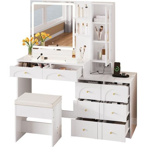 Coiffeuse LED avec miroir, prise et 8 tiroirs, meuble de maquillage blanc avec 2 étagères, vitrine en verre et tabouret, pour chambre, 131,5 x 40 x 140 cm CHICFURN (1/5)