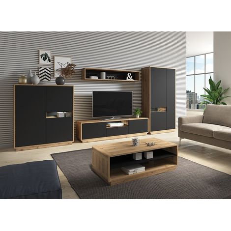 Set di 5 mobili per il soggiorno collezione VILLA. Colore quercia e nero opaco.