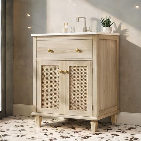 Meuble sous vasque 61 cm avec évier céramique et portes rotin (1/5)