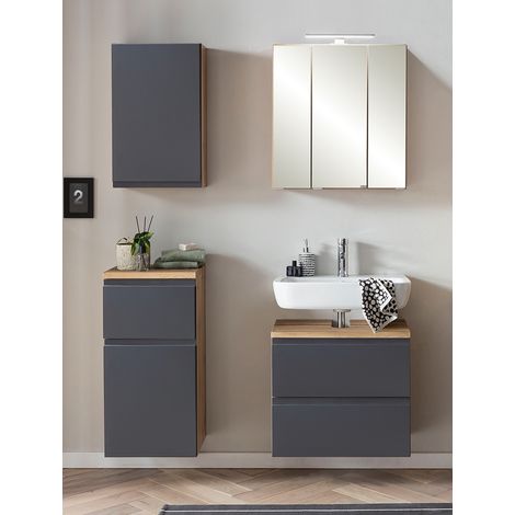 Badezimmer Set, stehend/hängend, in Wotan Eiche Nb. mit matt grau, VASTO-03-GREY, B/H/T ca. 115/200/35 cm (1/5)