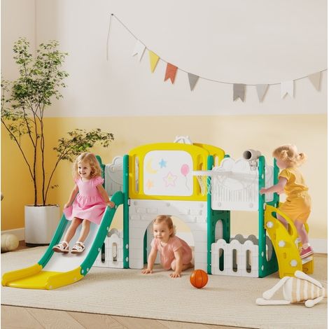 Toboggan enfant 7-en-1 avec panier de basket, tunnel, mur d’escalade, télescope, bac de rangement et tableau, design grenouille jaune, intérieur/extérieur  CHICFURN (1/5)