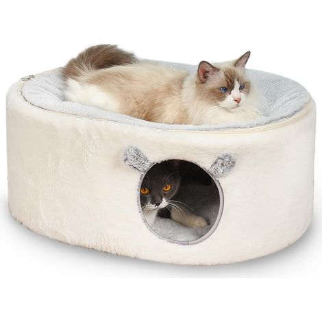 Niche pour Chat Non Pliable avec Cadre en métal Robuste, Niche pour Chat à Deux Couches avec Housse Moelleuse Amovible pour Chats, Chatons et Chiots (Maison pour Chat fermée) (1/5)