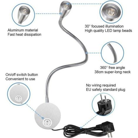 Lampe de lecture murale aluminium, 2 lumières LED 3W. Blanc chaud 3000K, 200 Lumen, angle faisceau 30°, éclairage de lit (1/4)