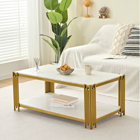 Couchtisch rechteckig 114 x 63,5 x 46,3 cm mit 2 Ablagen, MDF & Metall, Weiß-Gold HAVRYA (1/5)