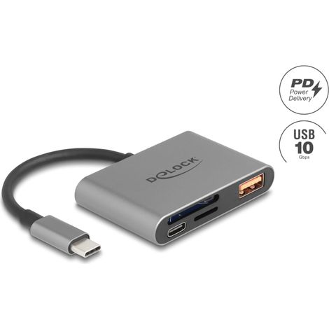 Delock Lector de tarjetas USB-Câ¢ para tarjetas de memoria SD y Micro SD + puerto USB 10 Gbps Tipo-A y USB Type-Câ¢ PD 2.0 85 W
