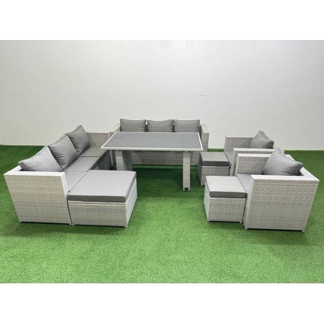 Fimous 11 Seater Wicker PE Rattan Furniture Outdoor Dining Table 3 Seater Sofa Armchair Set with 3 Stools Light Grey (1/5)