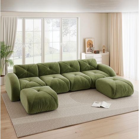 Sofá modular en U de 4 plazas en chenilla verde con 2 pufs, sin montaje (1/5)