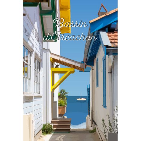Tableau sur toile illustration cabanes colorées Arcachon 30x45 cm - Impression sur Toile Murale Décorative - Image imprimée en HD sur Toile - Toile sur Châssis en Bois FSC - Fabriqué en France