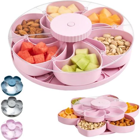 Plateau Tournant Compartimenté avec Couvercle – Plat de Service Rotatif 5 Sections pour Apéritifs, Légumes, Fruits et Sauces (Rose) (1/5)