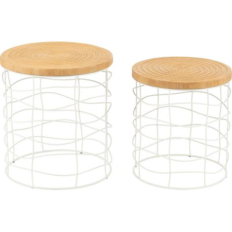 Lot de 2 tables d'appoint rondes 40 et 45 cm en pin et métal blanc