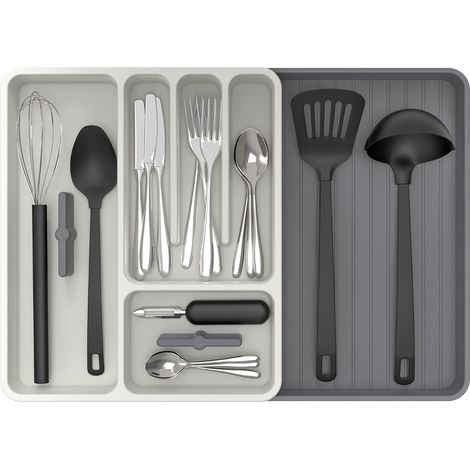Range Couverts pour Tiroir, Range-Couvert Extensible, Blanc et Gris (1/5)