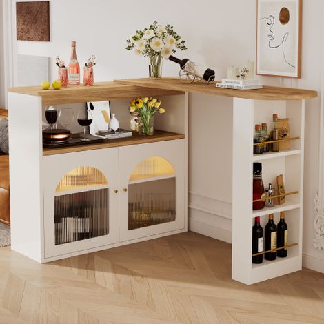Comptoir de bar extensible 138-193 × 39 × 105 cm pivotant à 360°, table bistrot blanc avec rangements, portes vitrées et bandeau LED multicolore modulable (1/5)