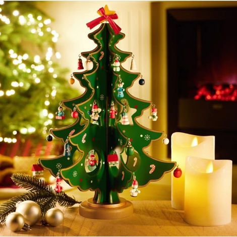 Mini sapin de Noël en bois - Décorations décoratives - Support avec ornements suspendus (1/4)