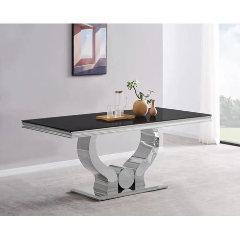 Homy France – Table à manger blanche 4 à 6 personnes – Verre trempé 150x90x75 cm – Pied central en acier inoxydable – Design moderne
