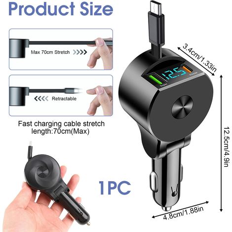 Caricabatterie auto retrattile, caricabatteria auto retrattile USB C 3 in 1 da 75 W con cavo, caricabatteria auto USB C super veloce da 30 W compatibile con iPhone 16/15/Pro Max/Pro/Plus/Samsung S24/S (1/4)
