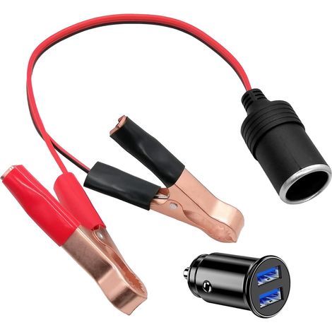 Pince Voiture Batterie Adaptateur Allume Cigare Femelle 30cm Câble 18AWG,12V/24V Mini Chargeur de Voiture USB Double Prise Allume-Cigare pour Moto,Bateau,Voiture,Camion (1/5)