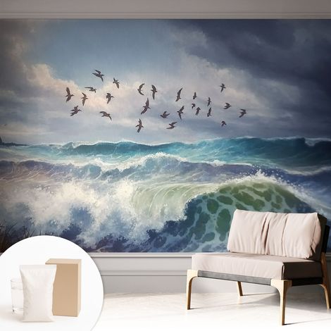 Papier peint intissé pour salon chambre à coucher peint imprimé pour mur - Colle incluse gratuite Vagues marines 312x219 cm (1/5)