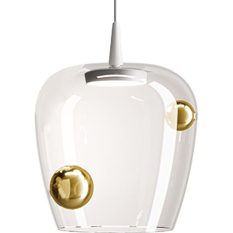 Zafferano Bilia Lampada a sospensione LED 2700K 8W, design a campana in vetro borosilicato soffiato, finitura Bianco e Oro antico, diametro 27cm