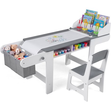 Kids Art Table & Chair Set with Paper Roll, Gray (1/5)