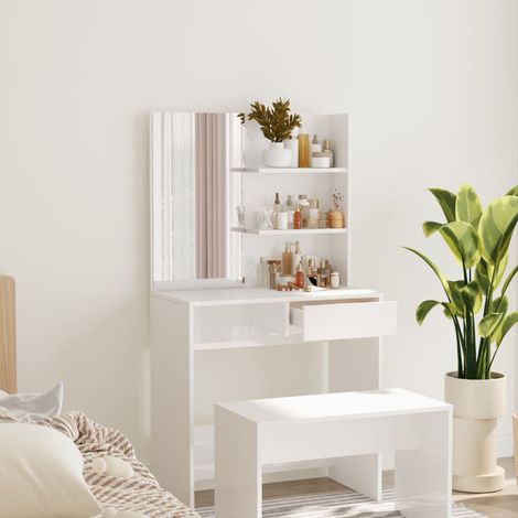Coiffeuse avec miroir, Table de maquillage, Meuble coiffeuse Blanc brillant 74,5x40x141 cm RDS6690 (1/5)
