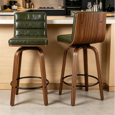 Taburete de bar giratorio de PU, respaldo ergonómico, patas de madera curvadas, verde HAVRYA (1/5)