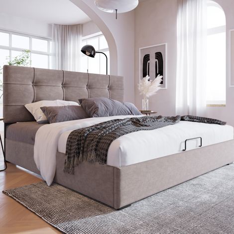 Bett 140x200 cm modern, Samt Hellgrau, verstellbares Kopfteil, Lattenrost und Bettkasten mit Hydraulik (1/5)