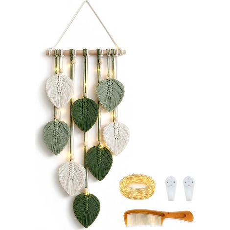 Décoration murale bohème - Tenture murale en macramé - Guirlande avec LED 3M + peigne combiné avec des perles en bois et des feuilles vertes - Idéal pour chambre à coucher, salon, chambre (1/5)