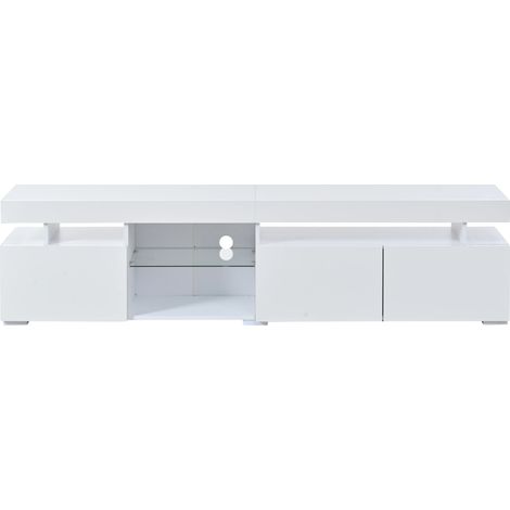 Meuble TV 180×35×45 cm Blanche Haute Brillance, 3 Portes, Étagères Verre Trempé Réglables, Compatible TV 80 Pouces (1/5)