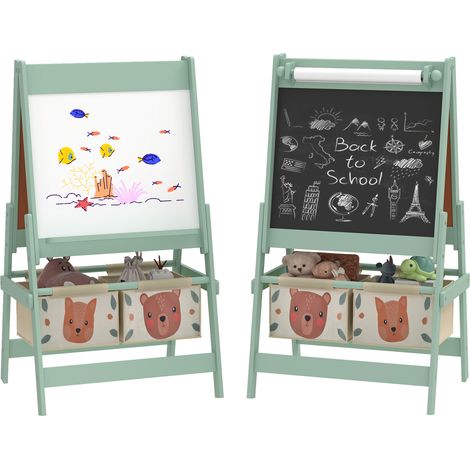 Doppelseitige Kinderstaffelei mit Schiefertafel, Kreide und weißer Papierrolle, 2 Aufbewahrungskörben, 54x46,5x93 cm, grün, ideal zum Zeichnen, für Kreativität und spielerisches Lernen.