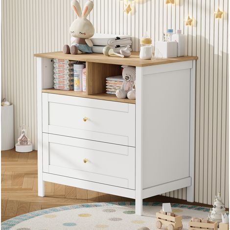 Cómoda cambiador (82x50x90 cm), con bandeja desmontable, cajones dobles y estantes abiertos, MDF, natural y blanco (1/5)