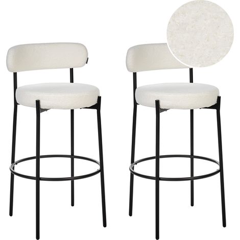 Conjunto de 2 sillas de bar bouclé patas de acero negro con tapas sin reposabrazos comedor blanco Allison