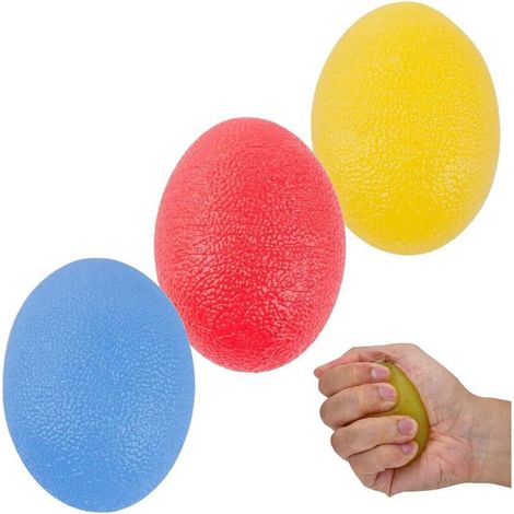 SABIR Lot de 3 balles anti-stress en forme d'œuf - Pour exercer les doigts et la main - Pour rééducation - Pour améliorer la prise des doigts et soulager les douleurs arthrites (rouge, jaune et bleu), (1/5)