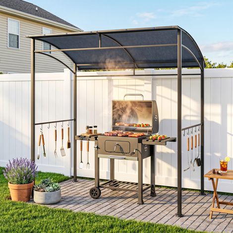 Pavillon de jardin avec toit, abri anti-pluie pour barbecue, crochets pour accessoires, cadre en acier, gris, 215 x 150 x 174/220 cm (1/5)