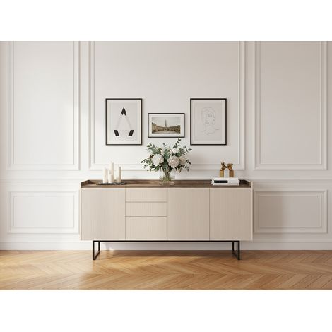Bobochic – Buffet bas 3 portes 192 cm – Beige clair avec effet noyer – 6 étagères et 3 tiroirs – Système push to open et LED intégrées (1/5)