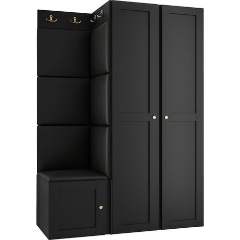 Meuble d'entrée Hartford 379, Noir, 186x116x46cm, MDF, Stratifié, Faux cuir, Murale, À poser