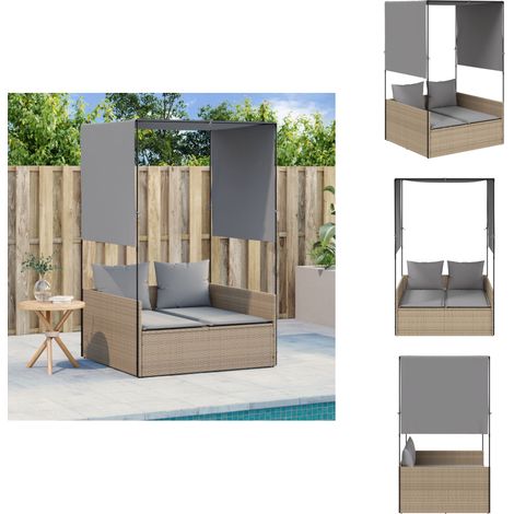 Chaise longue double avec toit et rideaux beige résine tressée - Chaises Longues Doubles - Transats - Bain De Soleil - Mobilier De Jardin - Chaises Extérieures (1/5)