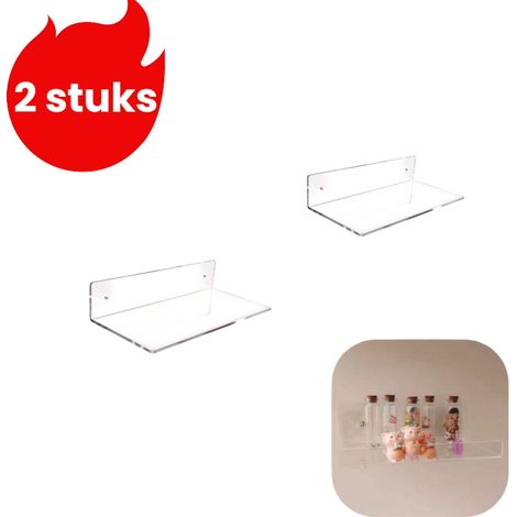 Lot de 2 étagères murales en acrylique transparent en forme de L 20 x 10 cm avec fixation sans perçage pour salle de bain cuisine et rangement des petits accessoires (1/5)