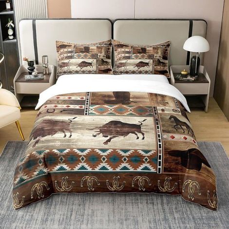 Housse de Couette Western Cowboy Rustique, Parure de Lit 200x200 cm pour Cowboy Cowgirl, Ensemble de Literie Tribale Boho Aztèque, (1/5)