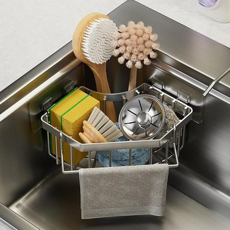 Organisateur d'angle pour évier, Support à éponge en acier inoxydable argenté avec barre à serviette, Rangement adhésif pour cuisine, 6,3x6,3x3,2 pouces (1/4)