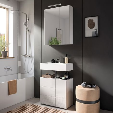 Armoire de toilette + meuble sous lavabo blanc brillant- VARKA