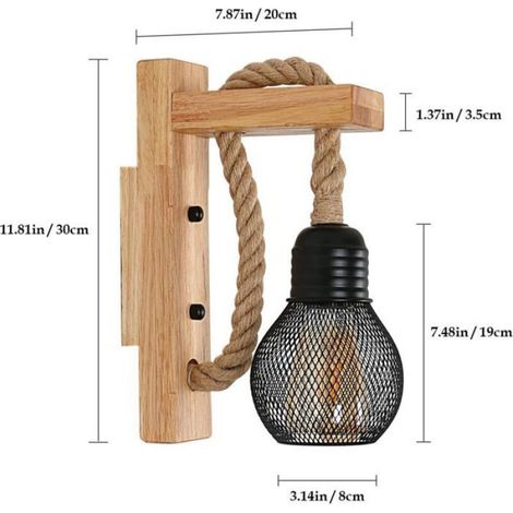 Applique Murale - Bois - Cage Métallique Noir - Corde De Chanvre - Pour Intérieur Salon Chambre - 1 Pièce (1/5)