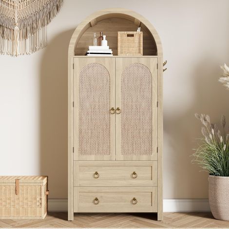 Aparador alto vitrina 80 x 40 x 180 cm, puertas de ratán con arco, cajones dobles, ganchos laterales, estilo vintage, mdf, roble (1/5)