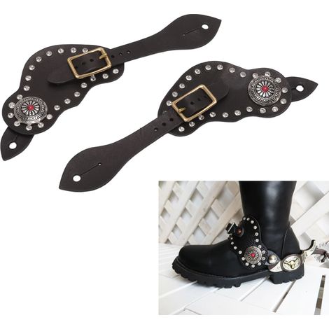 Une paire de bottes d'équitation rétro western à boucle et bride en T, équipement de protection pour l'entraînement, éperons de cowboy noirs. (1/5)