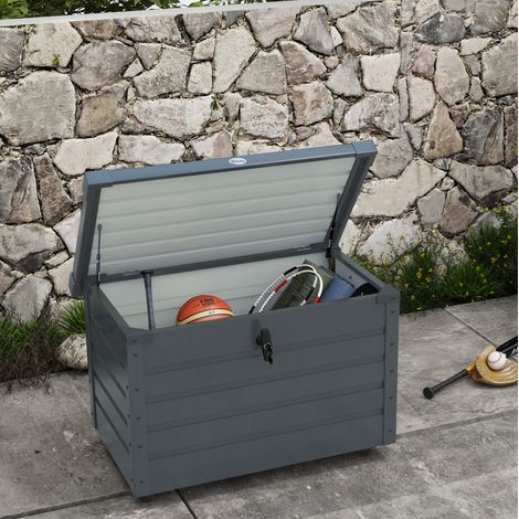 Cassapanca da giardino 100x62x65 cm grigio scuro in acciaio con ruote, lucchetto e maniglie (1/5)
